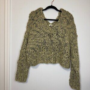 POL Hand Knit Chunky Open Weave oversized Sweater Olive Green S Cozy Boho Style